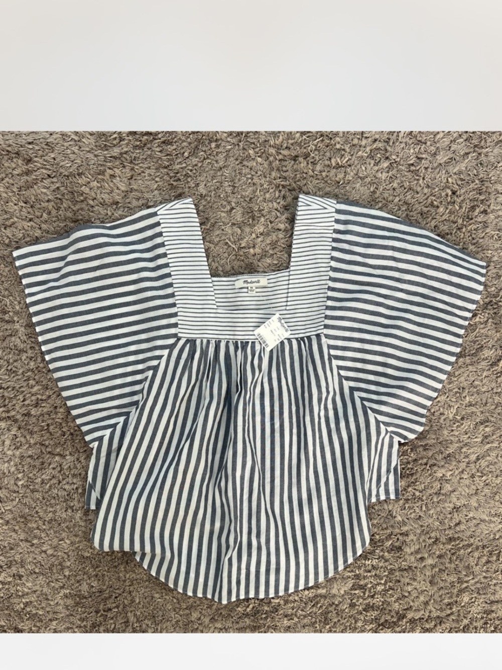 Striped Square Neck Flutter Sleeve Top - Navy & White
